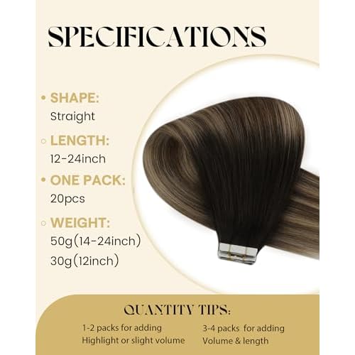 Ve Sunny Tape in Hair Extensions Real Human Hair Invisible Remy Human Hair Straight Tape Ins Double Sided Natural Black Ombre Dark Brown Balayage Ash Blonde 24 inch 20Pcs 50G
