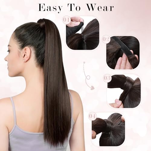 Ponytail Extensions Human Hair Long Straight Ponytail Hair Extensions with Magic Paste Wrap Around Clip in Ponytail Extensions Real Human Hair,18inch #2 Dark Brown,90g