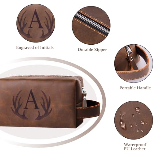 Unique Fathers Day Birthday Gifts Engraved Initial Travel Toiletry Bag for Men Personalized PU Leather Waterproof Shaving Bag for Toiletries Accessories Travel Essentials for Him (J)