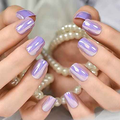 Press On Nails Glossy Short Squoval Stick On Fake Nails Salon DIY Acrylic Manicure Reusable Magic Pink Purple Chrome False Acrylic Nail Art Tips