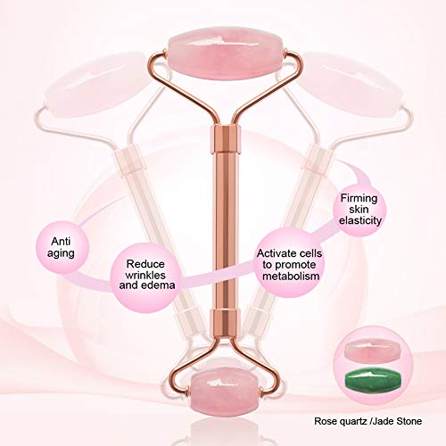2 Pack Jade Facial Roller & Rose Quartz Face Roller for Wrinkles and Puffiness, Natural Jade Stone Face Massager Roller