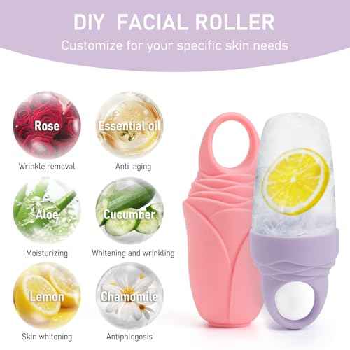 3 Pcs Facial Ice Roller Silicone Mold Reusable for Face Women and Eye Neck Cold Skin Care Tools Freezer De Puff Eye Bags Reduce Migraine Pain Pink 1 + Purple 2