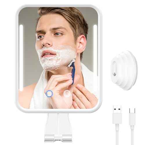 Lighted Shower Mirror Fogless for Shaving with Light, 5000mAh Heated Fogless Mirror for Shower, Detachable Razor Holder and Suction Cup for Wall, NO-Drilling, Waterproof for Bathroom (White)