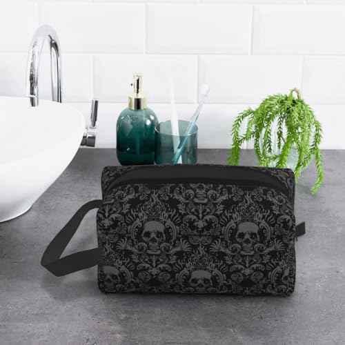 Gothic Skull Black Flower Halloween Cosmetic Bag for Women, Large Capacity Travel Makeup Pouch Portable Waterproof Toiletries Accessories Organizer
