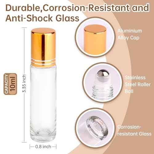 inice 100 Pack,10ml Roller Bottles for Essential Oils Applicator Clear Glass Bottles Stainless Steel Roll On Ball for Daily Care