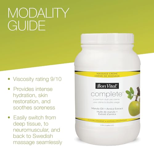 Bon Vital Complete Massage Creme, 1-Gallon, Unscented Non-Greasy Cream with Marula, Olive & Jojoba Oils, Hypoallergenic Moisturizer for Professional or Home Use, Premium Dual-Purpose, Massage Therapy