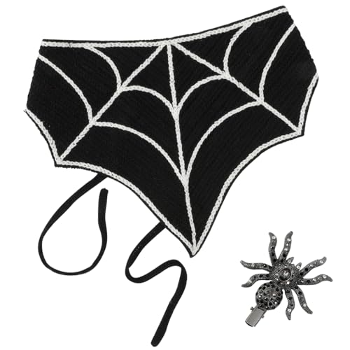 Gothic Cotton Headbands for Women, Spooky Crochet Bandana Knitted Headband with Gothic Hair Accessories Halloween, Wicked Hair Spider Rhinestone Barrettes Triangle Scarf Alternative Accessories