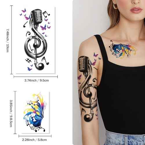 77 Sheets Music Temporary Tattoos Adult Kids Fake Tattoos Birthday Festival Party Favors Half Arm Sleeves Guitar Violin Piano Music Notes Stickers for Men Women