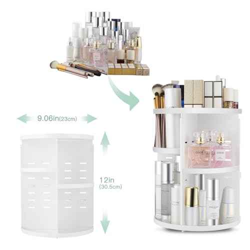 360 Rotating Makeup Organizer,DIY Adjustable Spinning Holder,Foldable Cosmetic Storage Display box,Large Capacity Make up Caddy Shelf,Fits Countertop Vanity and Bathroom (WHITE)