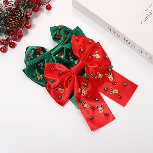 2PCS Christmas Hair Bow Clips for Women Christmas Accessories Xmas Bow Tree Reindeer Snowflake Hair Bows Silky Satin Red Green Bows Holiday Hair Ribbons Christmas Outfits Holiday Gifts