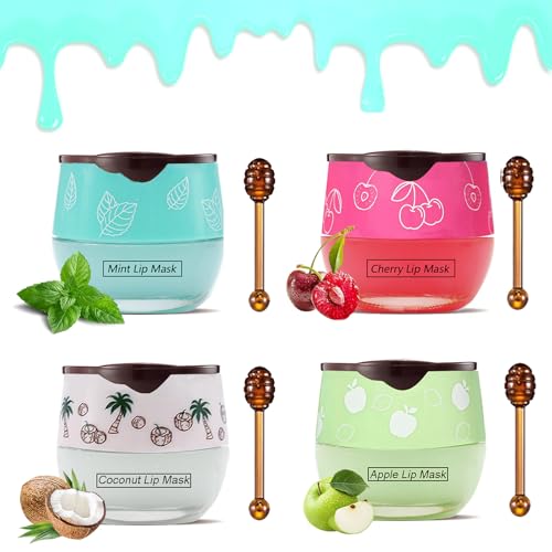 4PCS Bee Lip Balm Honey Pot, Fruit Moisturizing Propolis Lip Mask, Lip Mask Overnight Propolis Moisturizing Lip Balm Hydrating Prevention Dry and Crack Lip Scrubs Exfoliator Lip Care Products (A)