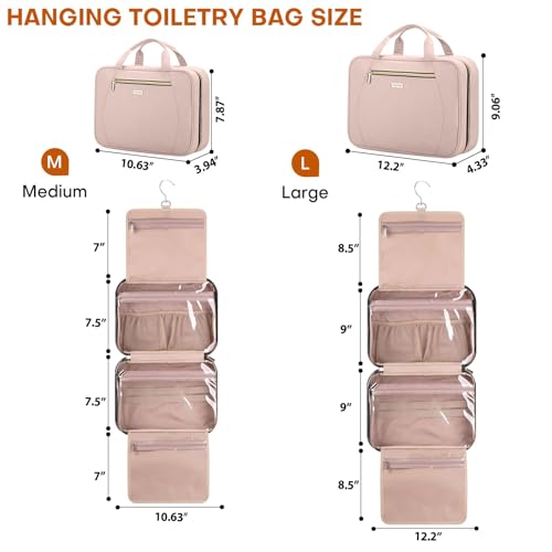 Hanging Toiletry Bag for Women Travel, 2 Sizes Large & Small Waterproof Cosmetic Organizer with 4 Compartments, Rotating Hook, Foldable Pink Travel Bag for Toiletries & Makeup - Medium Pink