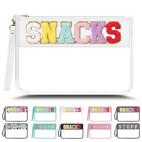 Clear Zipper Pouch PVC Waterproof Nylon Makeup Letter Bag for Women Girls Chenille Letter, for Travel, Cosmetic Bag, Snack Bags, Clear Stuff Bags, For Travel,£¨White-Snacks£©