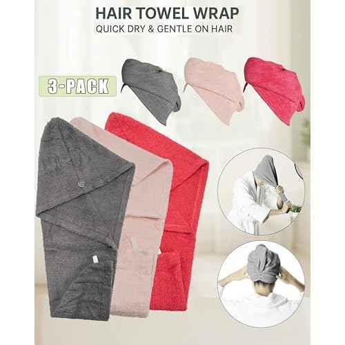 Textila 100% Cotton Hair Wrap Towels for Women, (Pack of 3 - Raspberry, Pink & Grey) Head Towel Cap, Cotton Hair Turban Towel Wrap for Long Curly Anti Frizz Hair, Soft and Absorbent Cotton Hair Towels