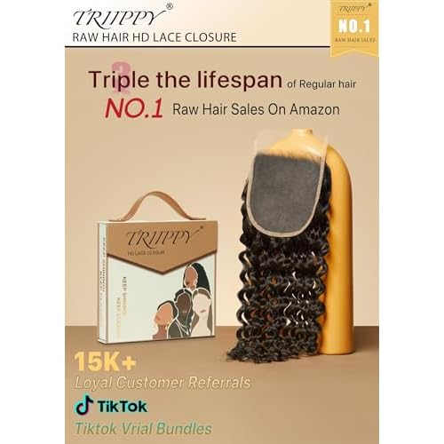 Triippy Raw Hair 5x5 HD Lace Closure Deep Wave More Less Shedding than Regular Virgin Hair,0.10mm Ultra-Thin 5x5 Swiss Real HD Lace with 100% Cambodian Raw Human Hair (14 Inch)