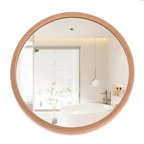 Round Wall Mirror 20/30 Inch Walnut/Oak Wood Grain Rustic Framed Vanity Wall Mounted Bathroom Brown Farmhouse Mirror for Living Room Mantel Entryway Bedroom Hallways (Oak, 30" L x 30" W)