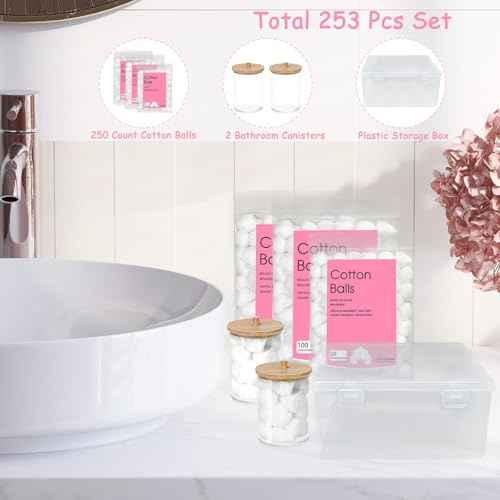 250 Count Cotton Balls, 100% Pure Organic Cotton, Soft & Super Absorbent, Includes 2 Cotton Ball Holders for Bathroom & Vanity, Perfect for Face Makeup Remover, Nail Polish Removal, Crafts, Pet Care
