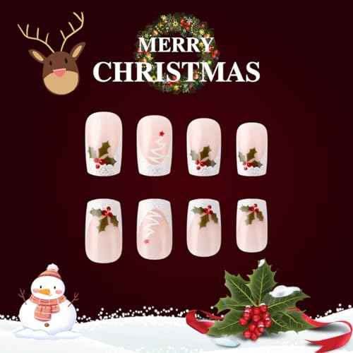 24 Pcs Christmas Pink Press on Nails Short Square - SHANRUN Xmas White French Fake Nails Press ons Nail Art Tip Glue on Nails Full Cover Artificial Acrylic False Nails with Christmas Tree Fruit Design