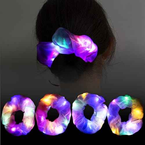 LED Light Up Scrunchies Hair Ties - Halloween & Christmas Pink White Scrunchie, 3 Light Modes, Glow in the Dark, Girls' Hair Accessories, Perfect for Parties, Raves, Festivals & Spooky Season