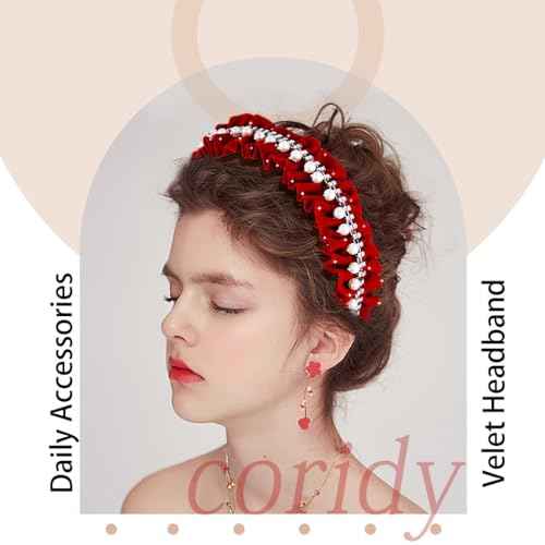 Red Headbands Pearl Headband Rhinestone Head Band wrinkle hairband Glittering Jewelry velvet Hair Hoop For Women (Red)