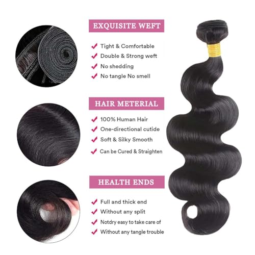 16 18 20 Inch Body Wave Bundles with Closure (14 Inch 2x6 HD Lace Closure) Human Hair Brazilian 3 Bundles with Closure Unprocessed Virgin Human Hair deep Middle Part