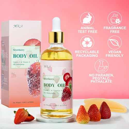 MR.A 2 Pack Strawberry Body Oil Juice Scented, Vitamin E Body Oil after Shower, Strawberry Shortcake Body Moisturizer Bath Oil for Dry Skin, Guasha Oil with Guasha Tool