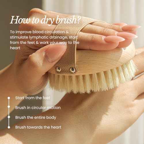 Bare Botanics Dry Body Brush for Lymphatic Drainage - Improve Circulation w/Gentle Exfoliation for Soft Skin - Ergonomically Designed w/Elastic Strap - Soft but Firm Natural Boar Bristles
