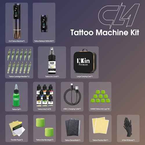 INKin Tattoo Gun Kit for Beginners, CL4 Wireless Tattoo Machine 4.0 Stroke Brushless Motor for Starter Tattoo Kit with 2Pcs 1800mah Battery Power Supply Revo Cartridge Needles Assorted 9Pcs Tattoo Ink