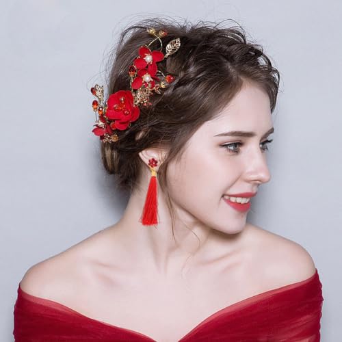 2 Pack Red Flower Hair Clips Rose Floral Bridal Hairpins Crystal Pearl Flower Bride Headpiece Red Wedding Accessories for Women Girls Halloween Chrismas Party Prom