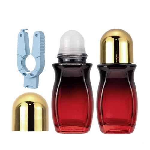Kesell 2Pcs Glass Roller Bottles 50 ml Gradient Red Roll on Bottle with Plastic Roller Ball and Opener Empty Roller Ball Deodorant Container for Essential Oils, Perfume (Gold Lid)