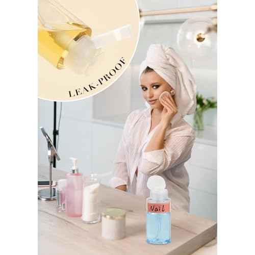 2 Pack Push Down Pump Dispenser, Empty Pump Bottle Dispenser with DlY Lables for Nail Polish, Makeup Remover, Alcohol, Facial Toner 5.1oz/150ML