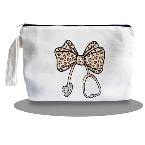 Leopard Bow Stethoscope Nurse Makeup Bag - Trendy Nurse Themed Gifts for Lovers Girls Mom Women, Bow Stethoscope Nurse Cosmetic Bag, Nursing Student Gifts, Canvas Zipper Makeup Bag