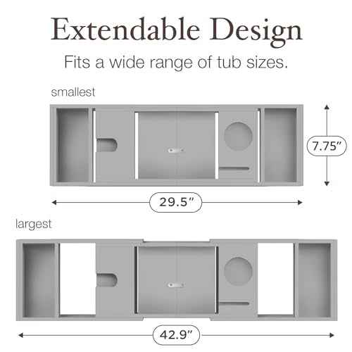 Bathtub Tray - Expandable Gray Bamboo Bath Tray for Tub with Wine Glass Holder, Book & Tablet Stand - Wooden Bathtub Caddy for Bathroom Accessories, Spa Relaxation, Housewarming & Wedding Gift