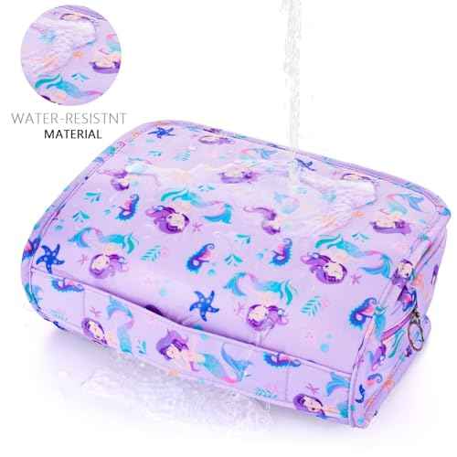 Kids Hanging Toiletry Bag for Girls, Travel Toiletry Bag for Little Young Girls Cosmetic Makeup Waterproof Wash Bag Toddler Traveling Toiletries, Mermaid Purple