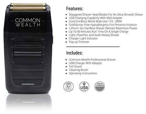 Common Wealth Professional Shaver Cordless Hypoallergenic Bump Free Gold Pro Foil Barber Finishing Shaper Trimmer Tool CWPS26 for Beard Neckline & Tapered Fades
