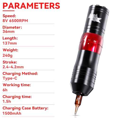 Professional Wireless Tattoo Pen Kit with 2 Batteries - Complete Tattoo Machine Set for Beginners 7 Adjustable Strokes 2.4-4.2mm 20 Cartridge Needles Rotary Tattoo Gun for Lining & Shading