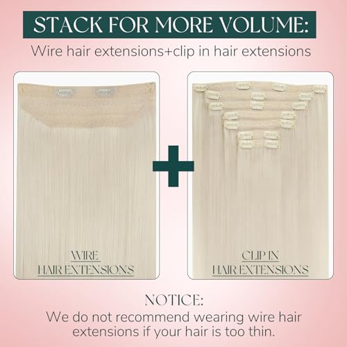 Easyouth Wire Hair Extensions Blonde Invisible Wire Hair Extensions Human Hair White Blonde 16 Inch 80g Secret Fish Line Hair Extension Soft Hair One Piece Hair Extension Natural Look