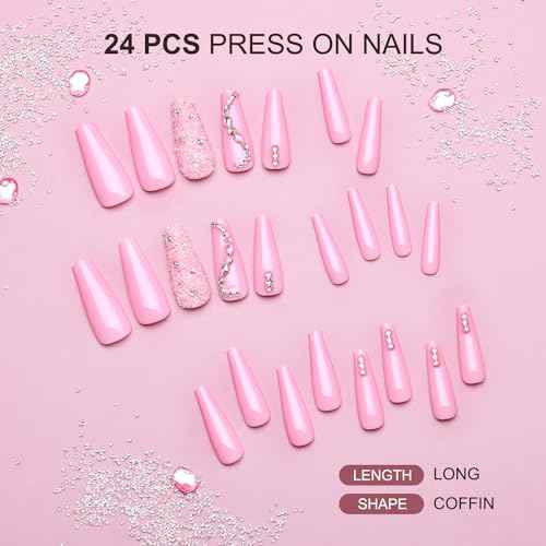 Artquee 24Pcs Pink Coffin Press on Nails Long Fake Nails with Rhinestones Design Reusable False Nail Art Manicure Stick on Nails Kit for Women