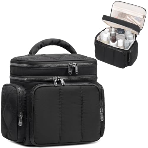 LEDAOU Toiletry Bag for Women, Quilted Travel Makeup Bag Organizer with Double Deck, Large Wide-open Cosmetic Make up Bag for Travel Essentials (Black Puffy)