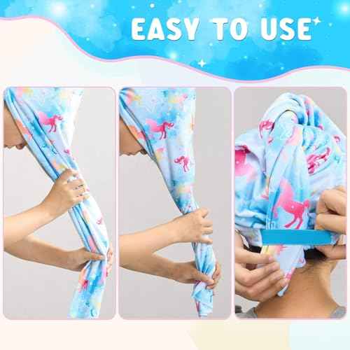 WAWSAM 2 Pack Kids Hair Drying Towel Wrap - Microfiber Hair Towel for Girls, Quick Dry Hair Cap with Button & Elastic Loop(Pink&Blue)