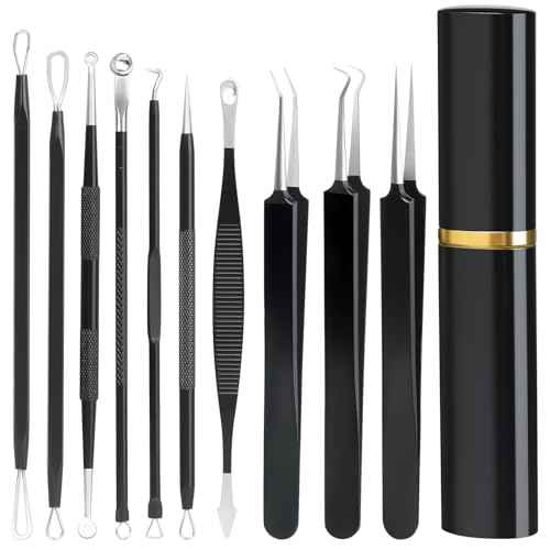 Pimple Popper Tool Kit,10 Pcs Professional Blackhead Remover Comedones Extractor for Easy Removal for Pimples,Blackheads,Zit Removing, Facial and Nose, Acne Removal Kit with Metal Box (Black)