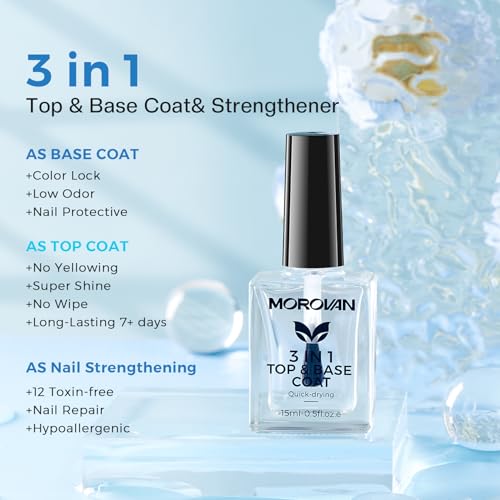 Morovan Base Coat Nail Strengthener: 3 IN 1 Nail Growth Top Coat Clear Quick Dry Nail Polish Strong Repairs Damaged Nail Hardener Long Lasting Shine No Chip Fingernail Treatment Care for Women Girls