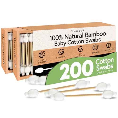 Ibambo 100% Bamboo Cotton Swabs for Ears (200-Pack) - Perfect for Baby & Personal Care | Double-Tipped Ear Swabs Cotton for Makeup & Cleaning | FSC Certified & Hypoallergenic, Made for All Ages & Pets