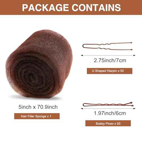Hair Sponge for Updo & Volume Bumps Tool, Hair Filler for Thin Hair, Dark Brown Sponge for Updo with 100 Bobby Pins, 70 Inch, Salon Must-Have (Dark Brown)