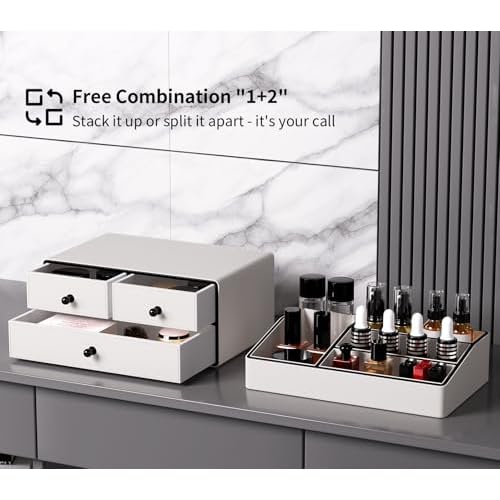 GORESE Leather Makeup Organizer with Drawers for Vanity, Stackable Skincare Holder Dresser Organizer Countertop, Make Up Storage Organizers Counter Cosmetic Display Case Gifts for Women(Cream White)