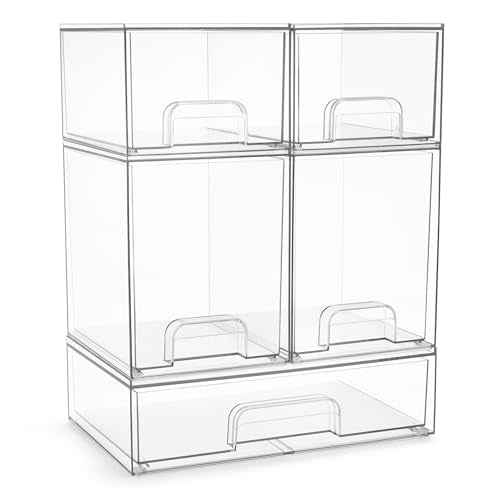 Sorbus Acrylic Storage Containers - 5 Pack, Stackable Storage Bins Set for Bathroom Organization - Clear Acrylic Drawer Organizers - Makeup Case Pull-Out Drawers (7.6¡¯¡¯ and 4.4¡¯¡¯ Tall and 12.1¡¯¡¯ Wide)