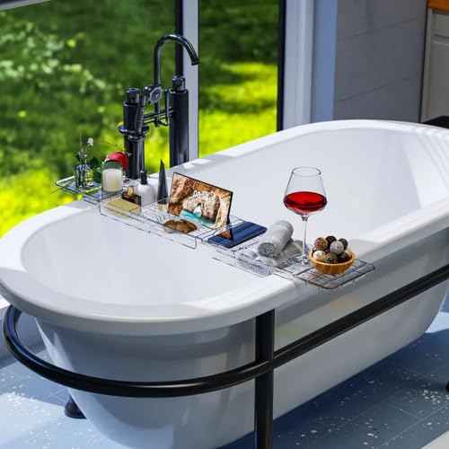Expandable Acrylic Bathtub Tray for Tub, Bath Caddy Tray Table for Bathtub, Adjustable from 31.5 to 41 inch, Bathtub Rack fits Most Bathtubs and Bathroom D?cor, Bath Tub Shelf Accessories for Women