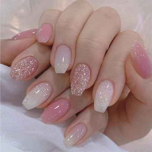 24pcs Pink Glitter Press-on Nails - Medium Coffin Style, Bling Acrylic, Gradient Design, Full Cover French False Nails, Artificial Glue-on Tips for Women & Girls - Glossy Finish