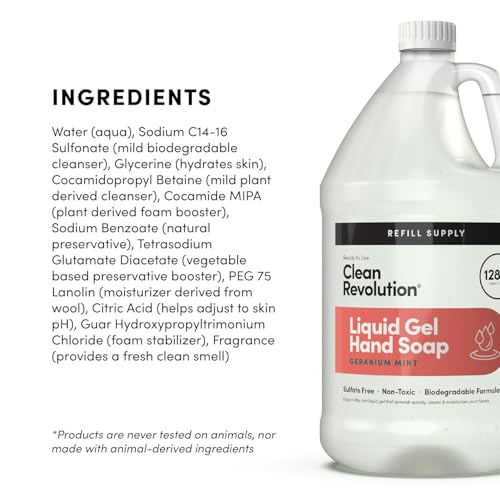 Clean Revolution Liquid Gel Hand Soap, Silky Rich Liquid, Quick Lather, Fast Rinsing, (Geramium Mint) 128 Fl Oz, 4 Pack - Made in USA
