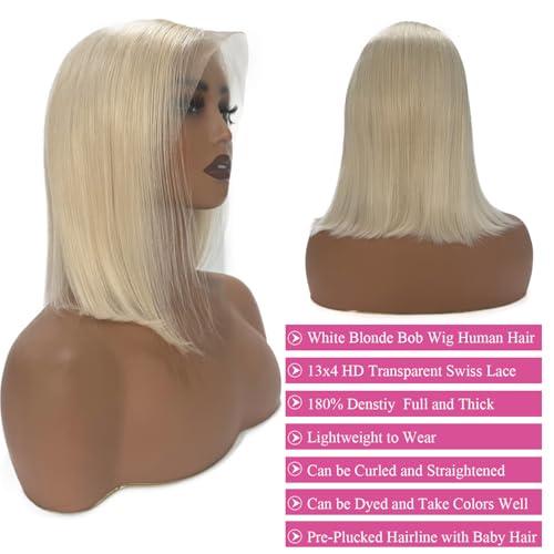 Ubetta White Blonde Lace Front Bob Wig Human Hair, Platinum Blonde 13x6 Lace Front Wigs Human Hair Pre Plucked White Blond Bob Wigs for Women 14 Inch 180% Density Bleachd Knots Swiss HD Lace